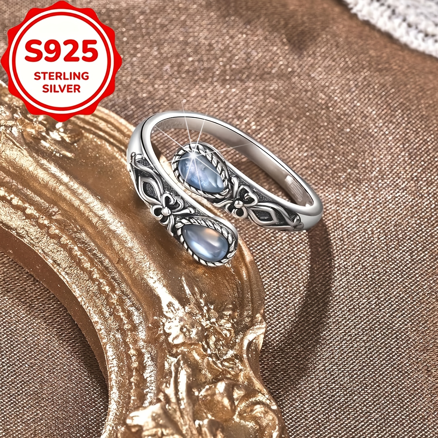 Women's S925 Silver Vintage Moonstone Adjustable Ring